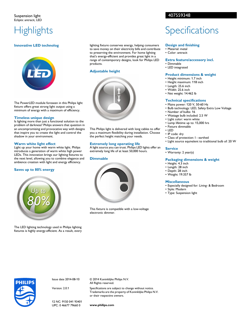 Highlights, Specifications | Philips 407559348 User Manual | Page 2 / 2