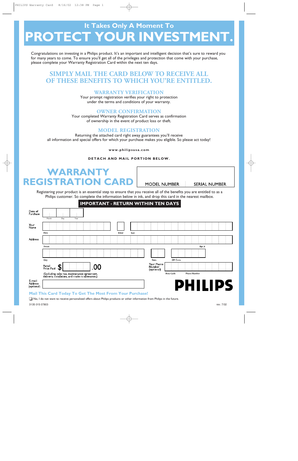 Philips warranty card, Protect your investment, Warranty registration card | It takes only a moment to | Philips 109B60-27 User Manual | Page 133 / 134