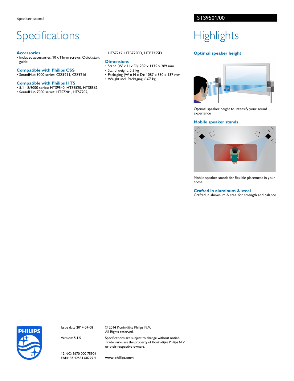 Specifications, Highlights | Philips STS9501-00 User Manual | Page 2 / 2