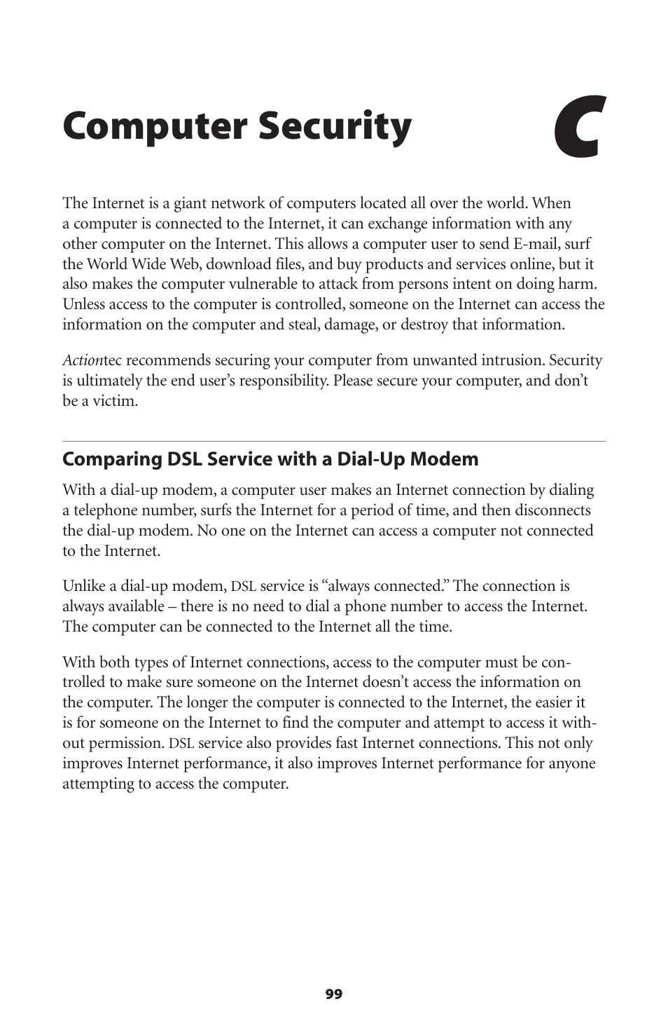 Computer security, Comparing dsl service with a dial-up modem | Actiontec electronic DSL GATEWAY GT704 User Manual | Page 102 / 121