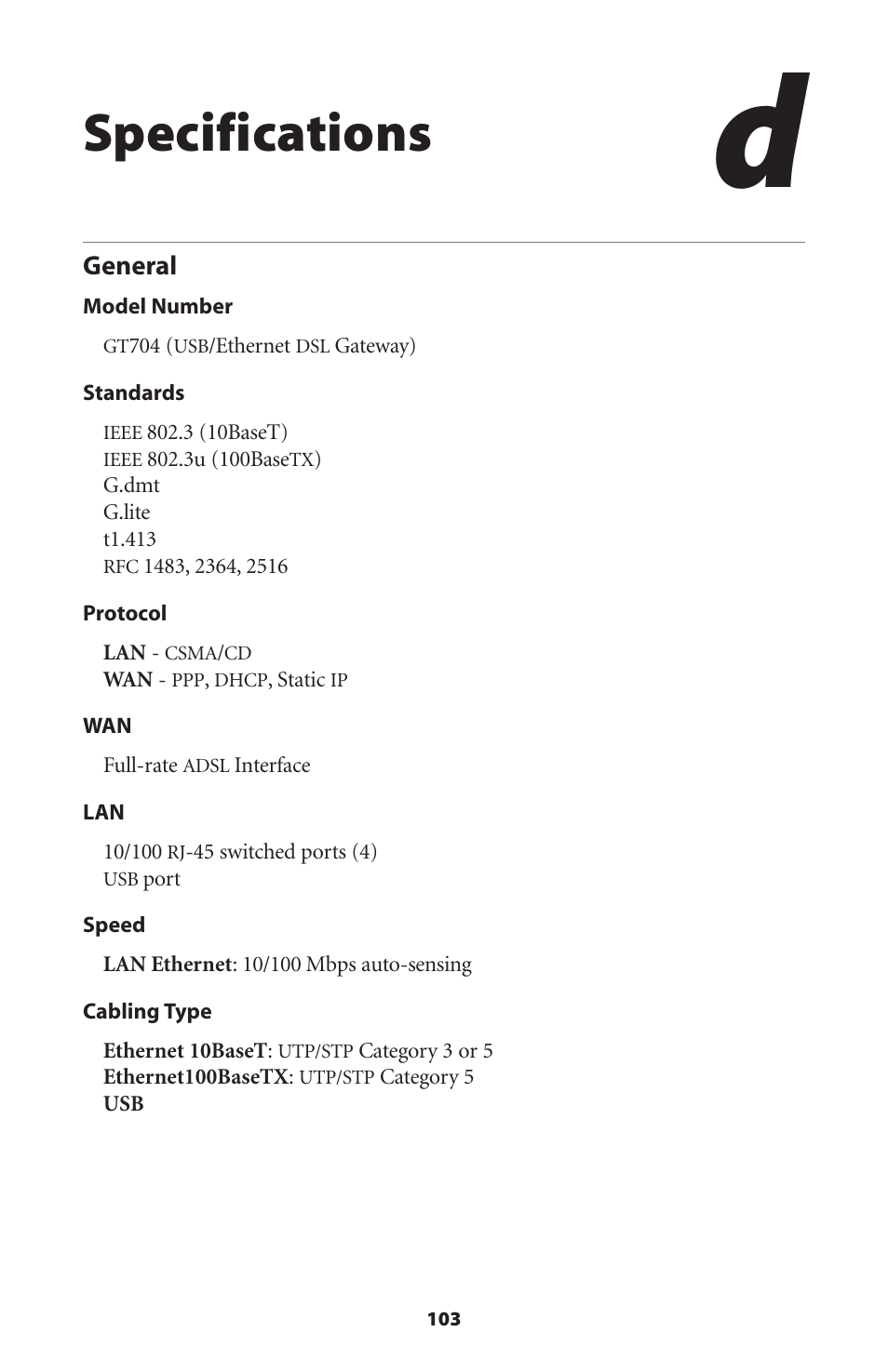 Specifications, General | Actiontec electronic DSL GATEWAY GT704 User Manual | Page 106 / 121