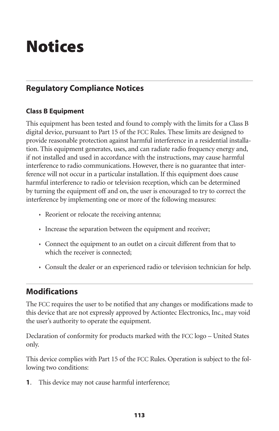 Notices, Regulatory compliance notices, Modifications | 113 modifications | Actiontec electronic DSL GATEWAY GT704 User Manual | Page 116 / 121