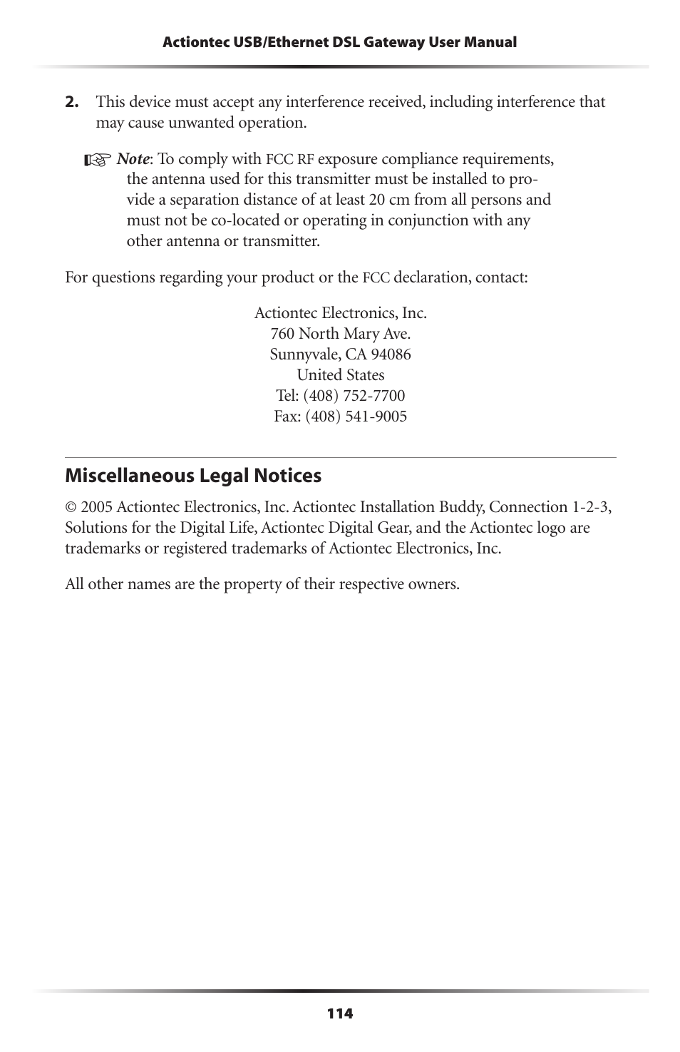 Miscellaneous legal notices | Actiontec electronic DSL GATEWAY GT704 User Manual | Page 117 / 121