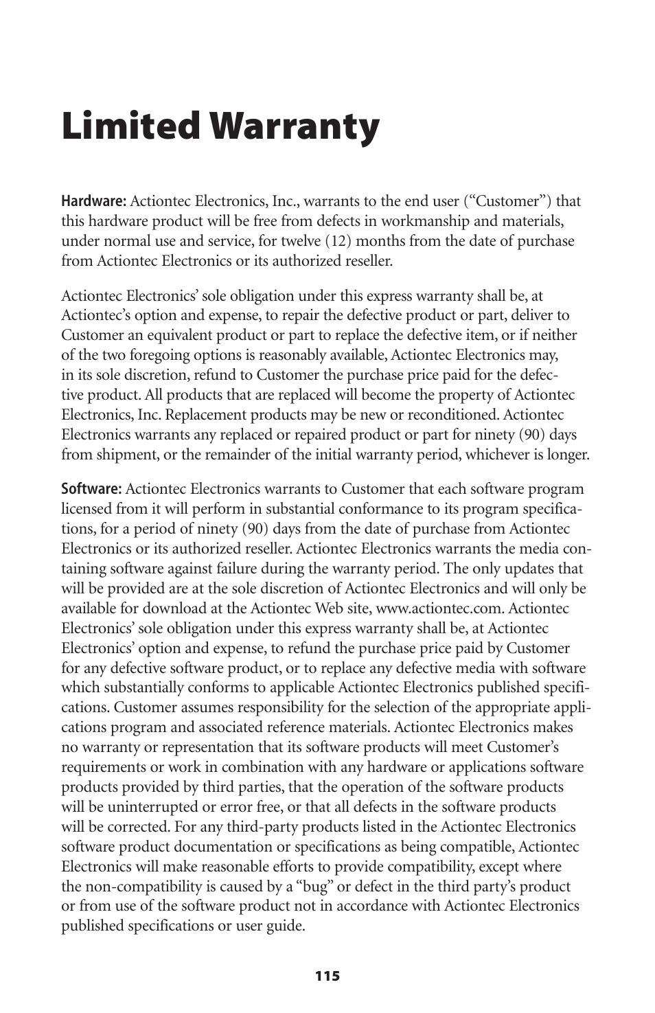 Limited warranty | Actiontec electronic DSL GATEWAY GT704 User Manual | Page 118 / 121