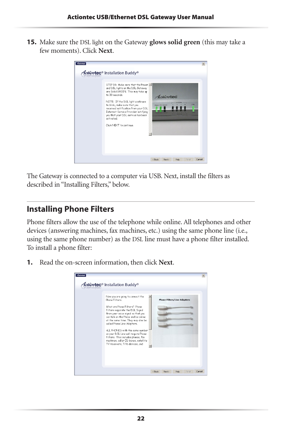 Installing phone filters | Actiontec electronic DSL GATEWAY GT704 User Manual | Page 25 / 121