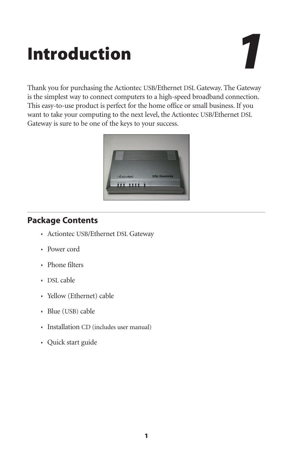 Introduction, Package contents | Actiontec electronic DSL GATEWAY GT704 User Manual | Page 4 / 121