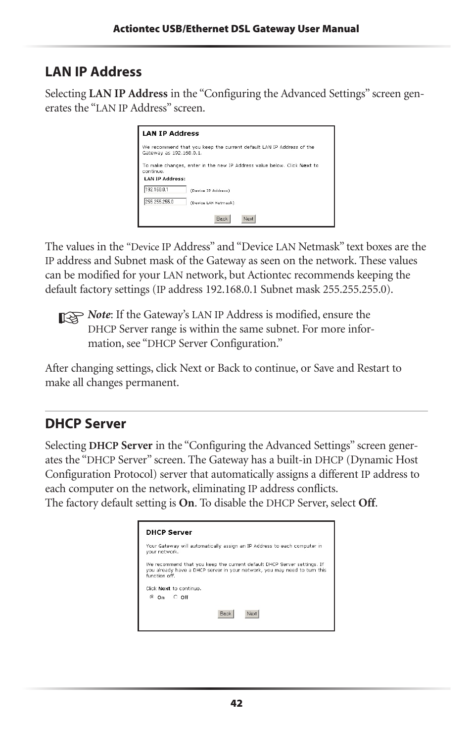 Lan ip address, Dhcp server, 42 dhcp server | Actiontec electronic DSL GATEWAY GT704 User Manual | Page 45 / 121