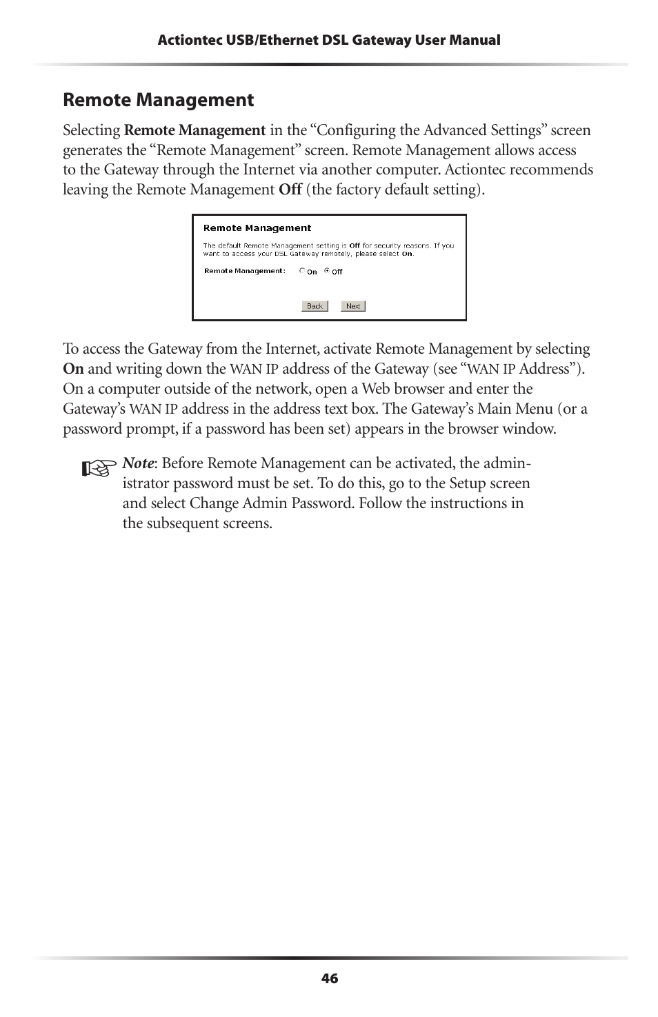 Remote management | Actiontec electronic DSL GATEWAY GT704 User Manual | Page 49 / 121