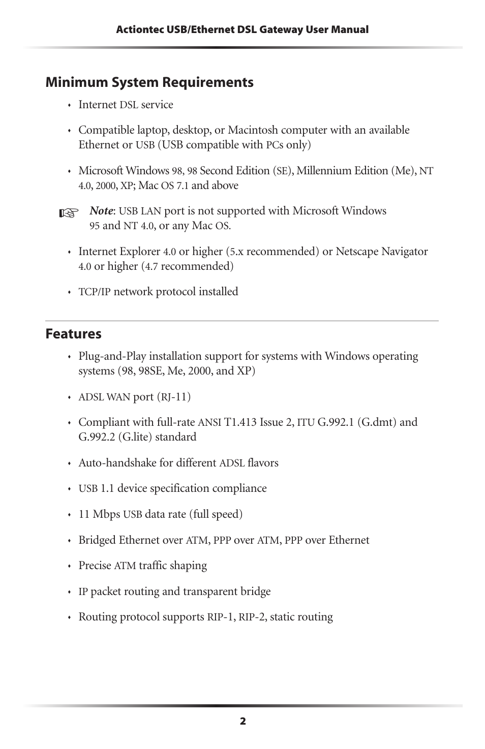 Minimum system requirements, Features, 2 features | Actiontec electronic DSL GATEWAY GT704 User Manual | Page 5 / 121