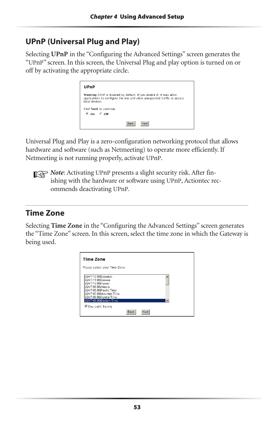 Upnp (universal plug and play), Time zone, 53 time zone | Actiontec electronic DSL GATEWAY GT704 User Manual | Page 56 / 121
