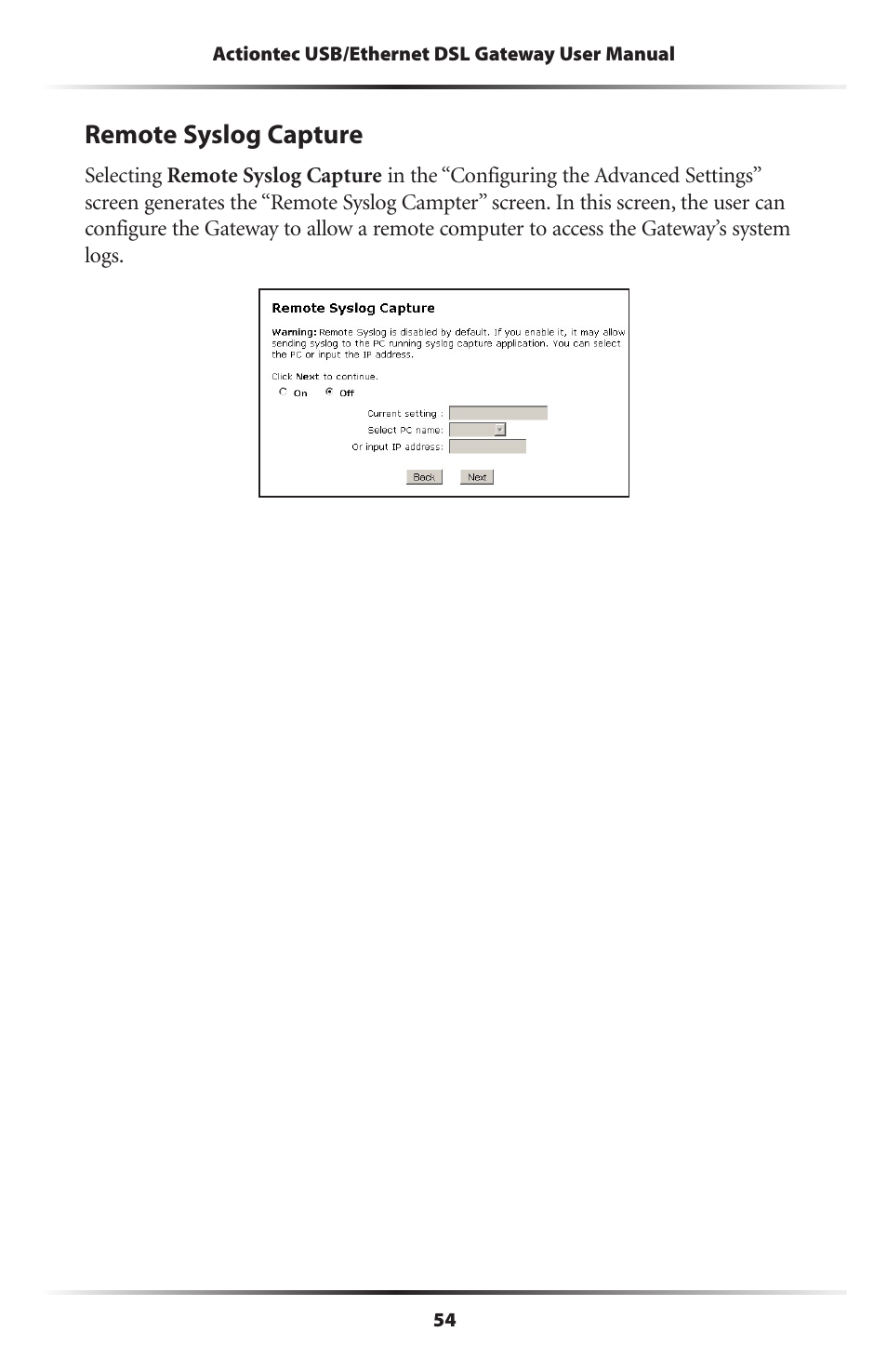 Remote syslog capture | Actiontec electronic DSL GATEWAY GT704 User Manual | Page 57 / 121
