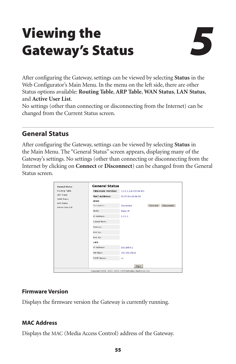 Viewing the gateway’s status, General status | Actiontec electronic DSL GATEWAY GT704 User Manual | Page 58 / 121