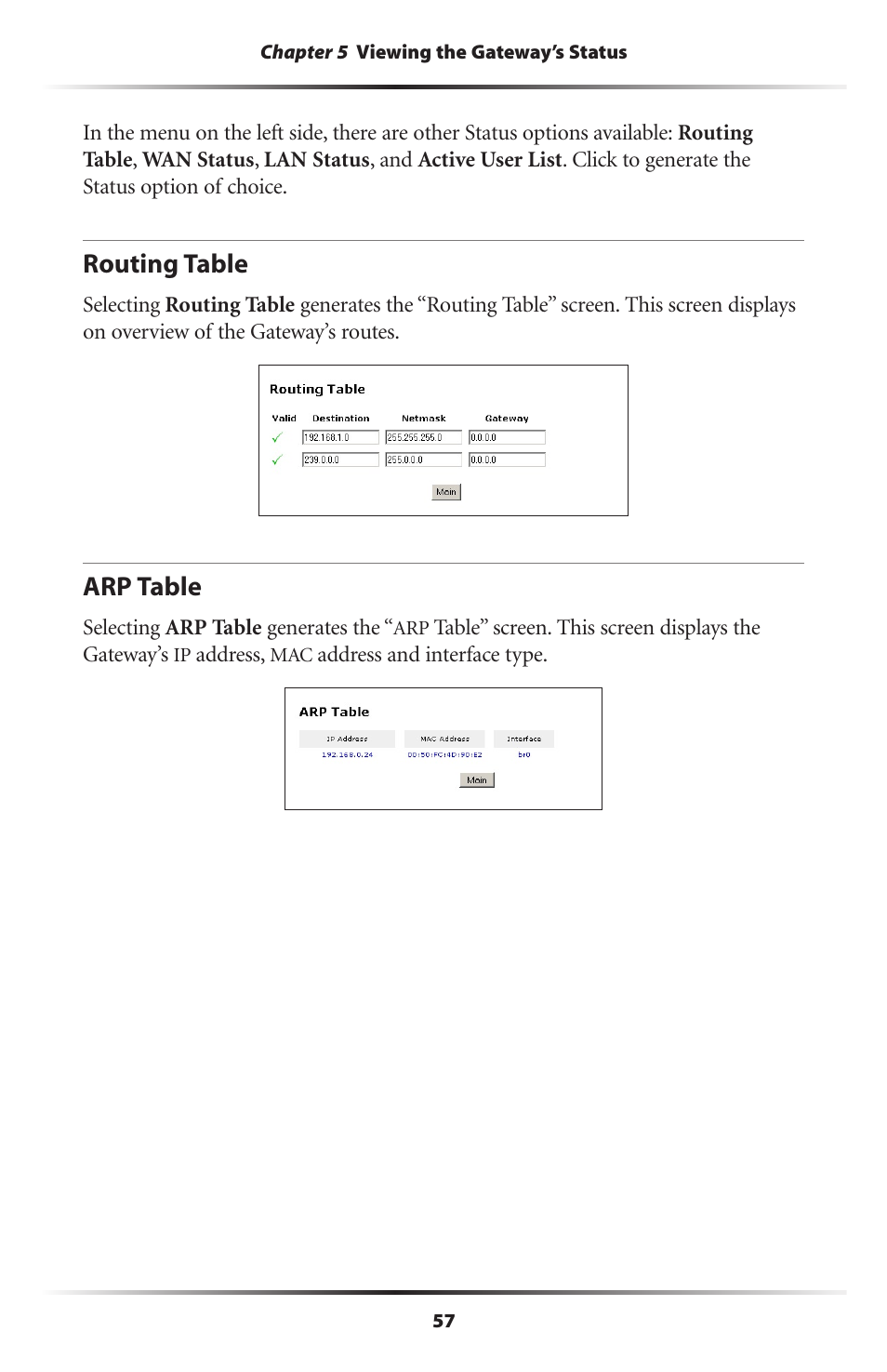 Routing table, Arp table, 57 arp table | Actiontec electronic DSL GATEWAY GT704 User Manual | Page 60 / 121