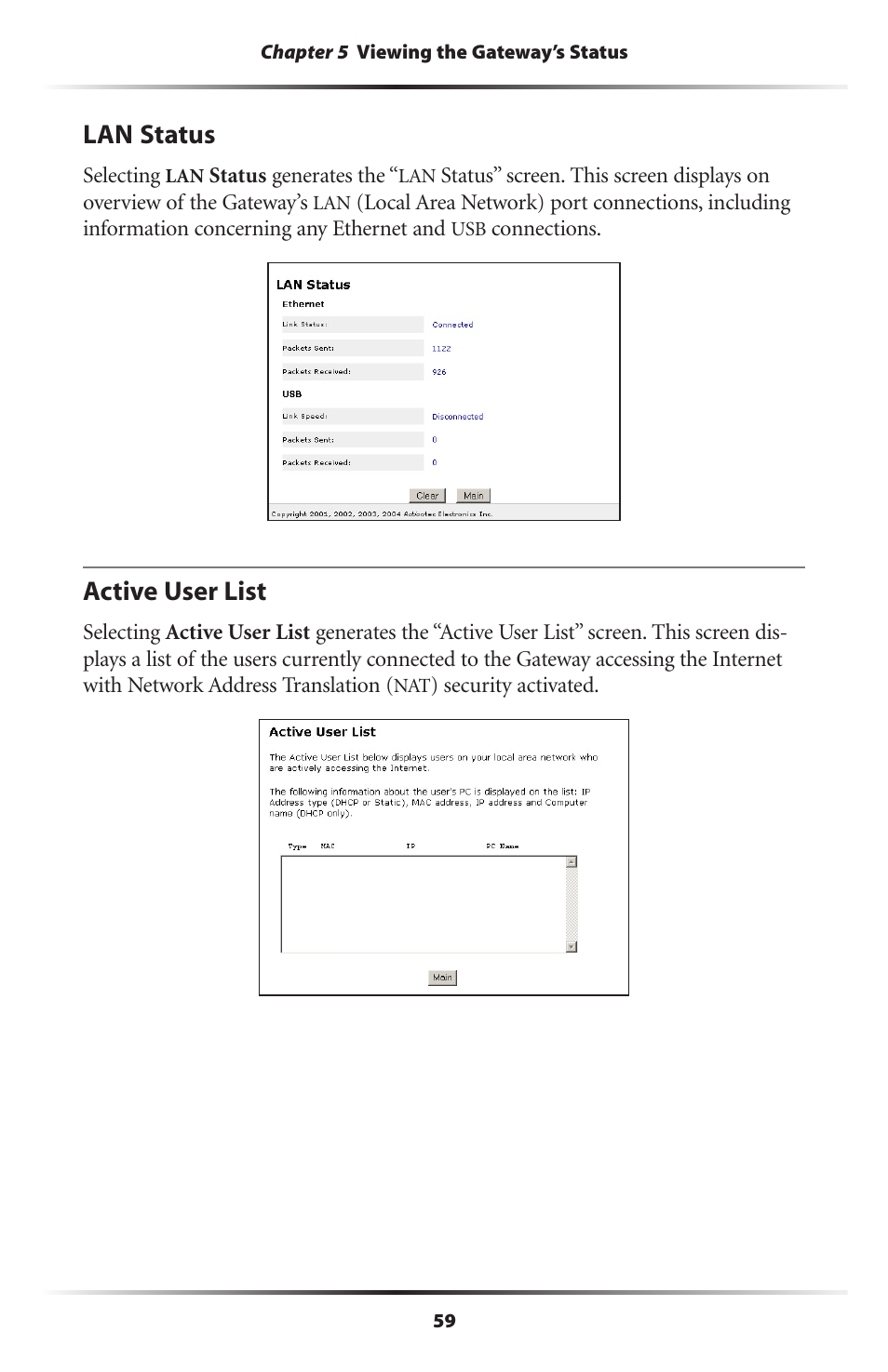 Lan status, Active user list, 59 active user list | Actiontec electronic DSL GATEWAY GT704 User Manual | Page 62 / 121