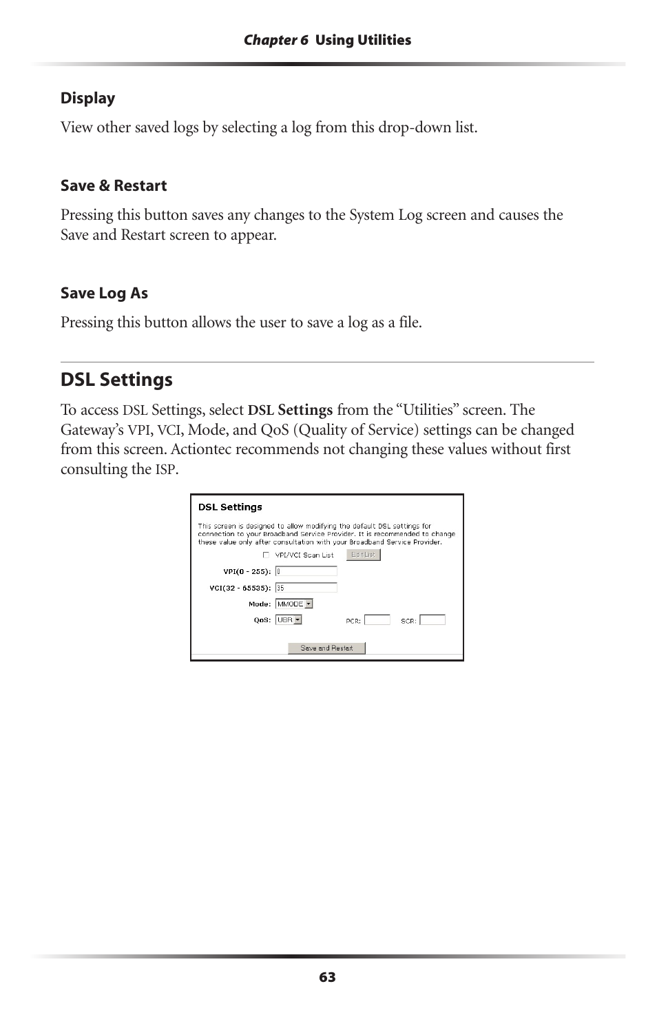 Dsl settings | Actiontec electronic DSL GATEWAY GT704 User Manual | Page 66 / 121