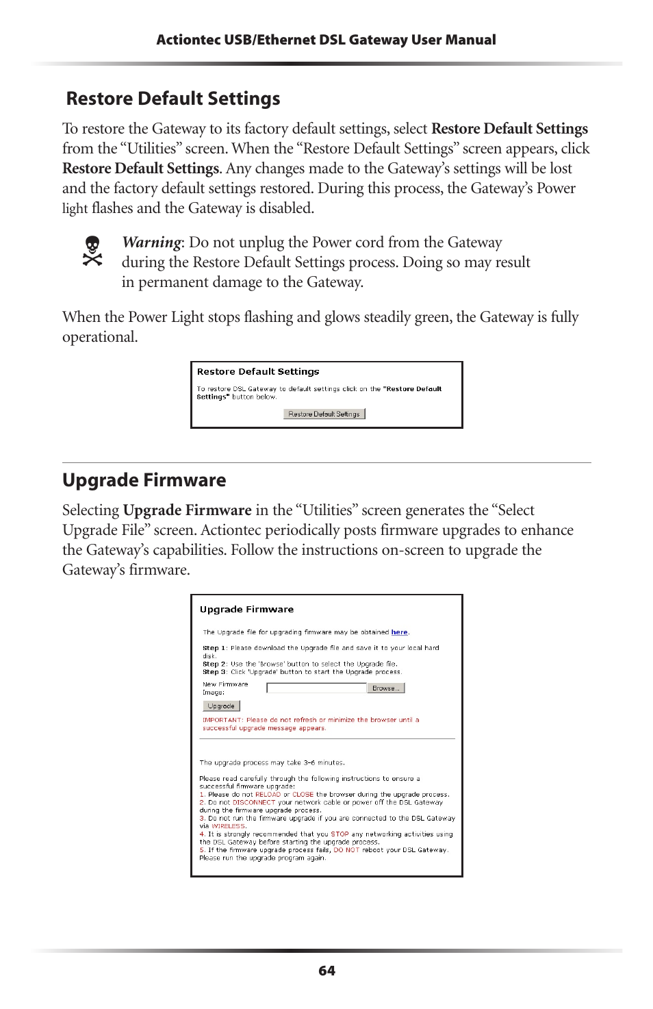 Restore default settings, Upgrade firmware, 64 upgrade firmware | Actiontec electronic DSL GATEWAY GT704 User Manual | Page 67 / 121