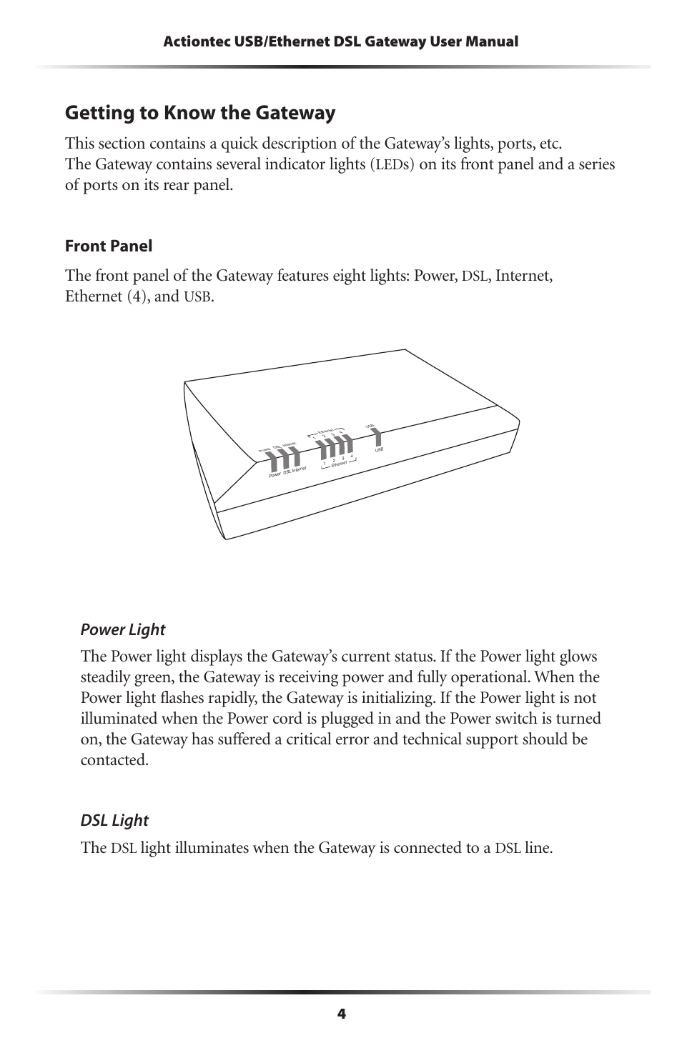 Getting to know the gateway, Internet, ethernet (4), and, Line | Actiontec electronic DSL GATEWAY GT704 User Manual | Page 7 / 121