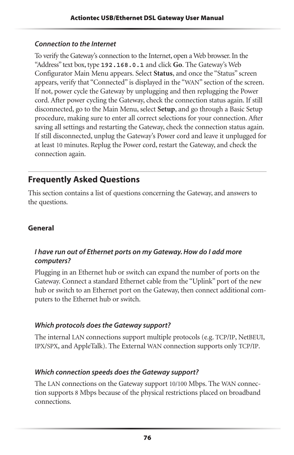 Frequently asked questions | Actiontec electronic DSL GATEWAY GT704 User Manual | Page 79 / 121