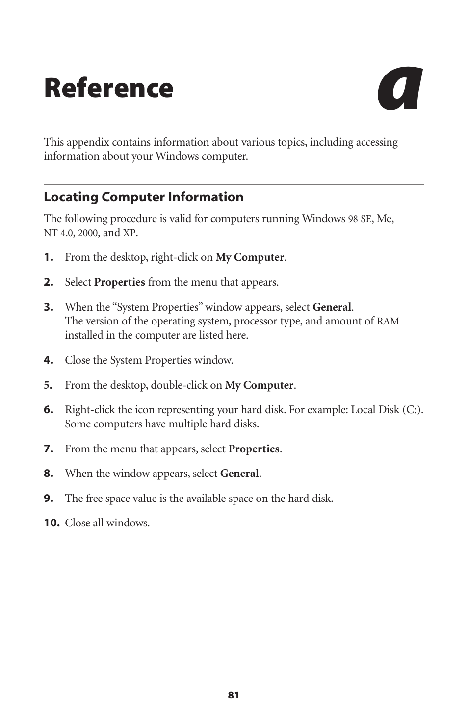 Reference, Locating computer information | Actiontec electronic DSL GATEWAY GT704 User Manual | Page 84 / 121