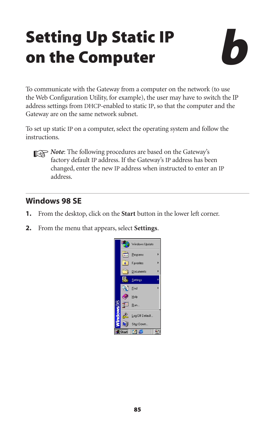 Setting up static ip on the computer, Windows 98 se | Actiontec electronic DSL GATEWAY GT704 User Manual | Page 88 / 121