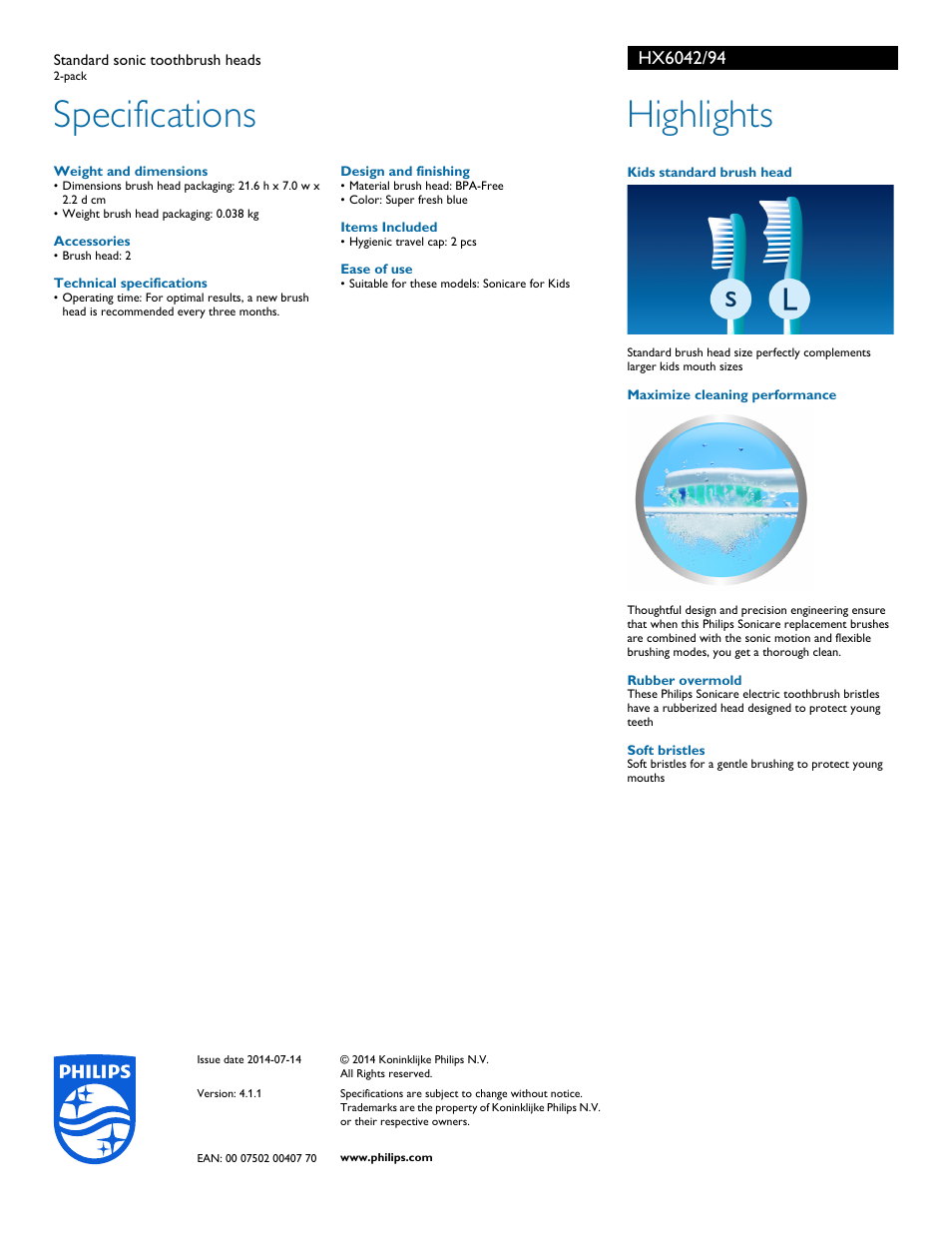 Specifications, Highlights | Philips HX6042-94 User Manual | Page 2 / 2