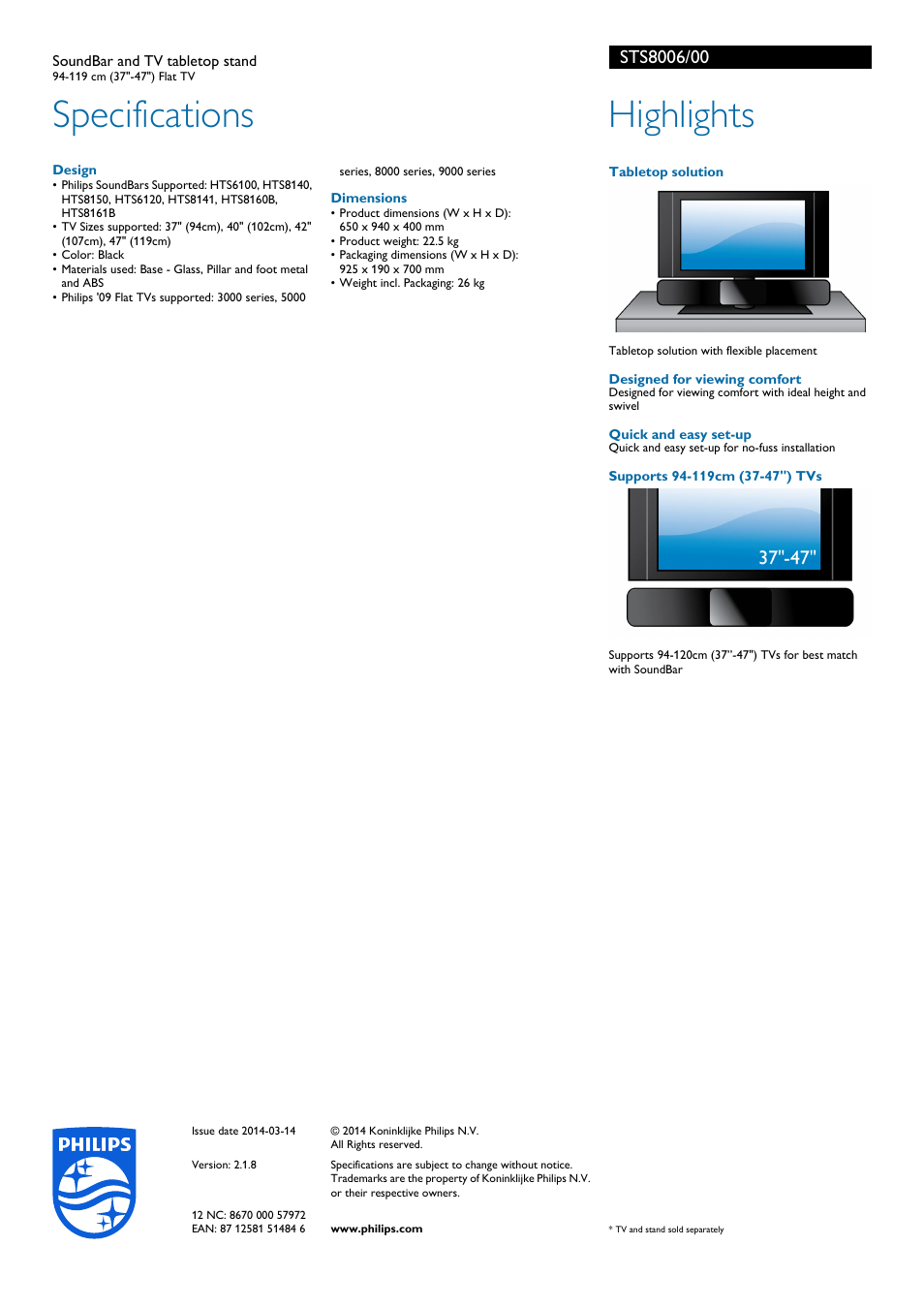 Specifications, Highlights | Philips STS8006-00 User Manual | Page 2 / 2