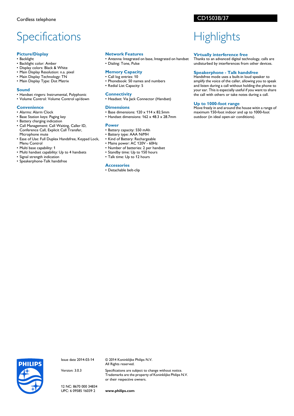 Specifications, Highlights | Philips CD1503B-37 User Manual | Page 2 / 2