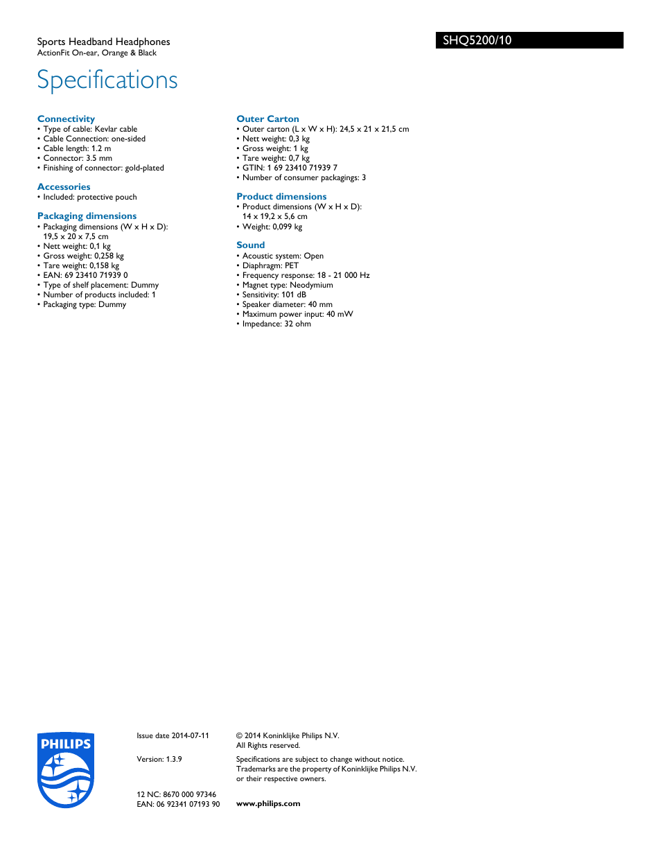 Specifications | Philips SHQ5200-10 User Manual | Page 3 / 3