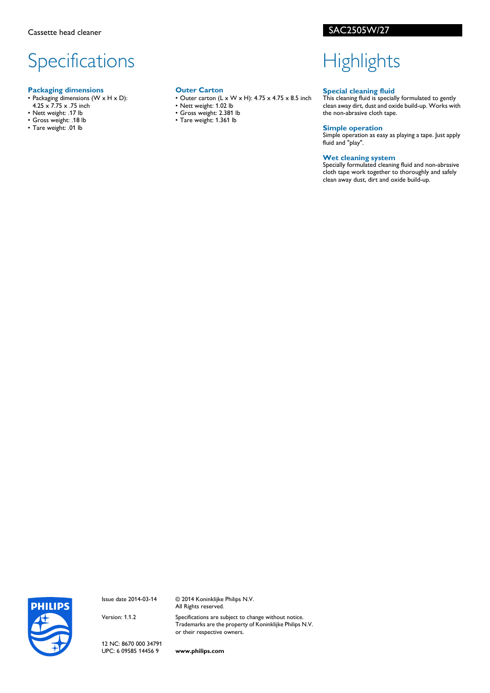 Specifications, Highlights | Philips SAC2505W-27 User Manual | Page 2 / 2