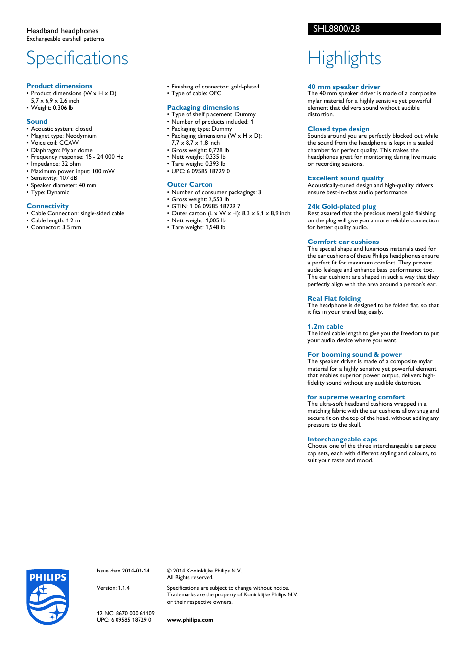 Specifications, Highlights | Philips SHL8800-28 User Manual | Page 2 / 2