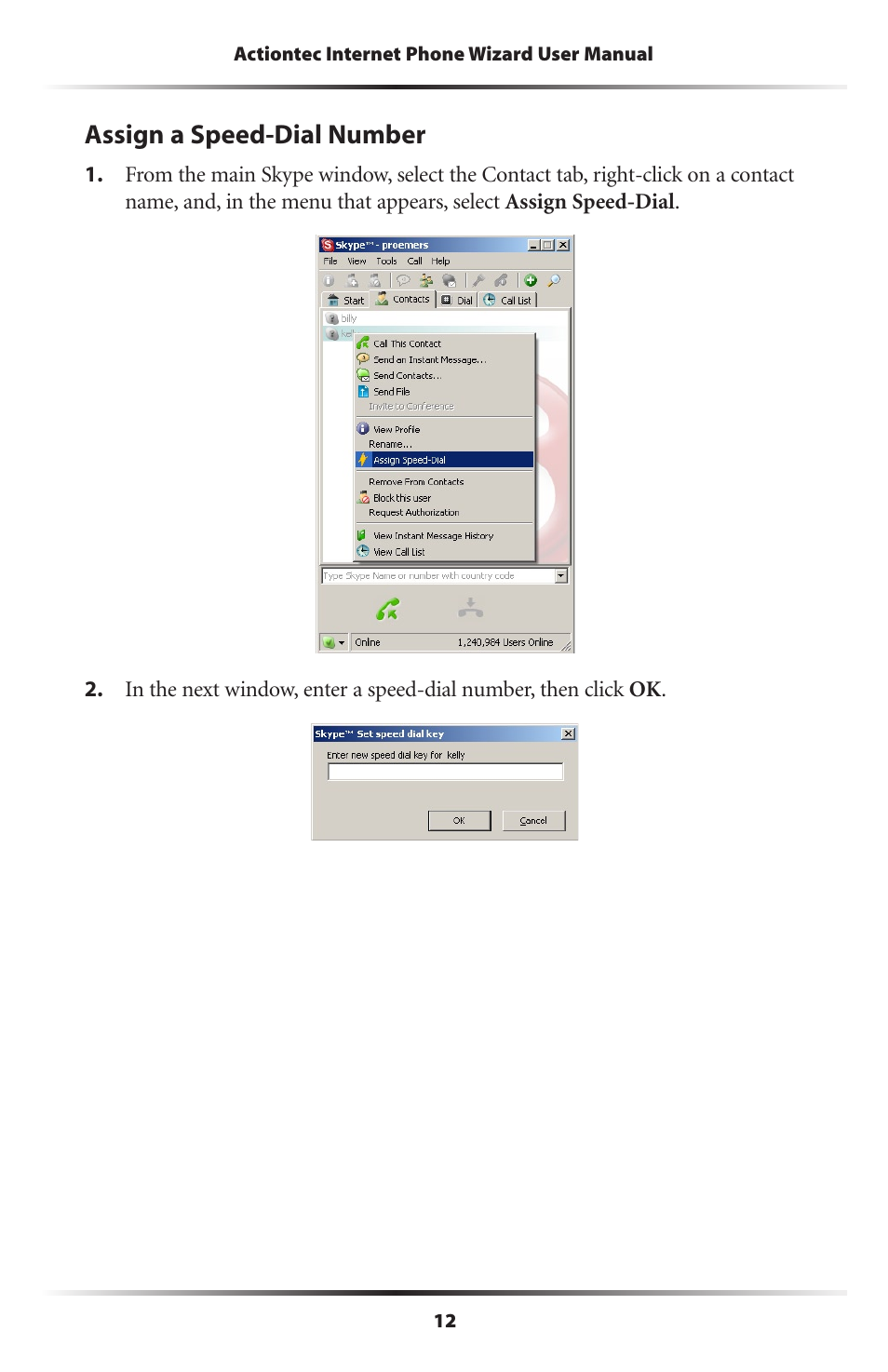 Assign a speed-dial number, Assign a speed-dial number 12 | Actiontec electronic UP101 User Manual | Page 15 / 41