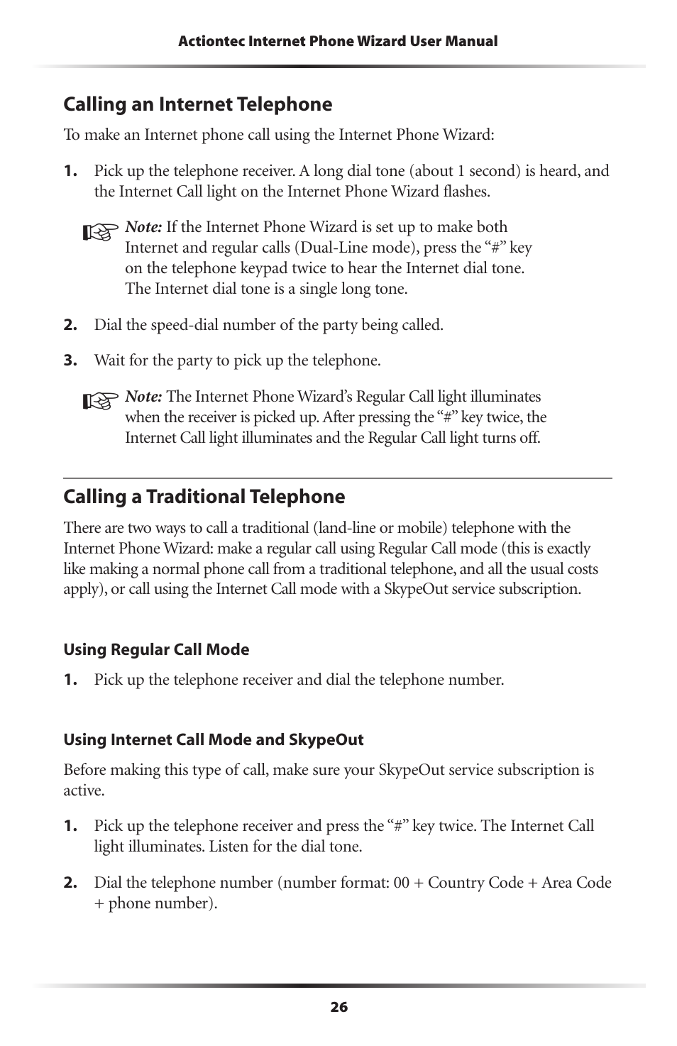 Calling an internet telephone, Calling a traditional telephone, 26 calling a traditional telephone | Actiontec electronic UP101 User Manual | Page 29 / 41