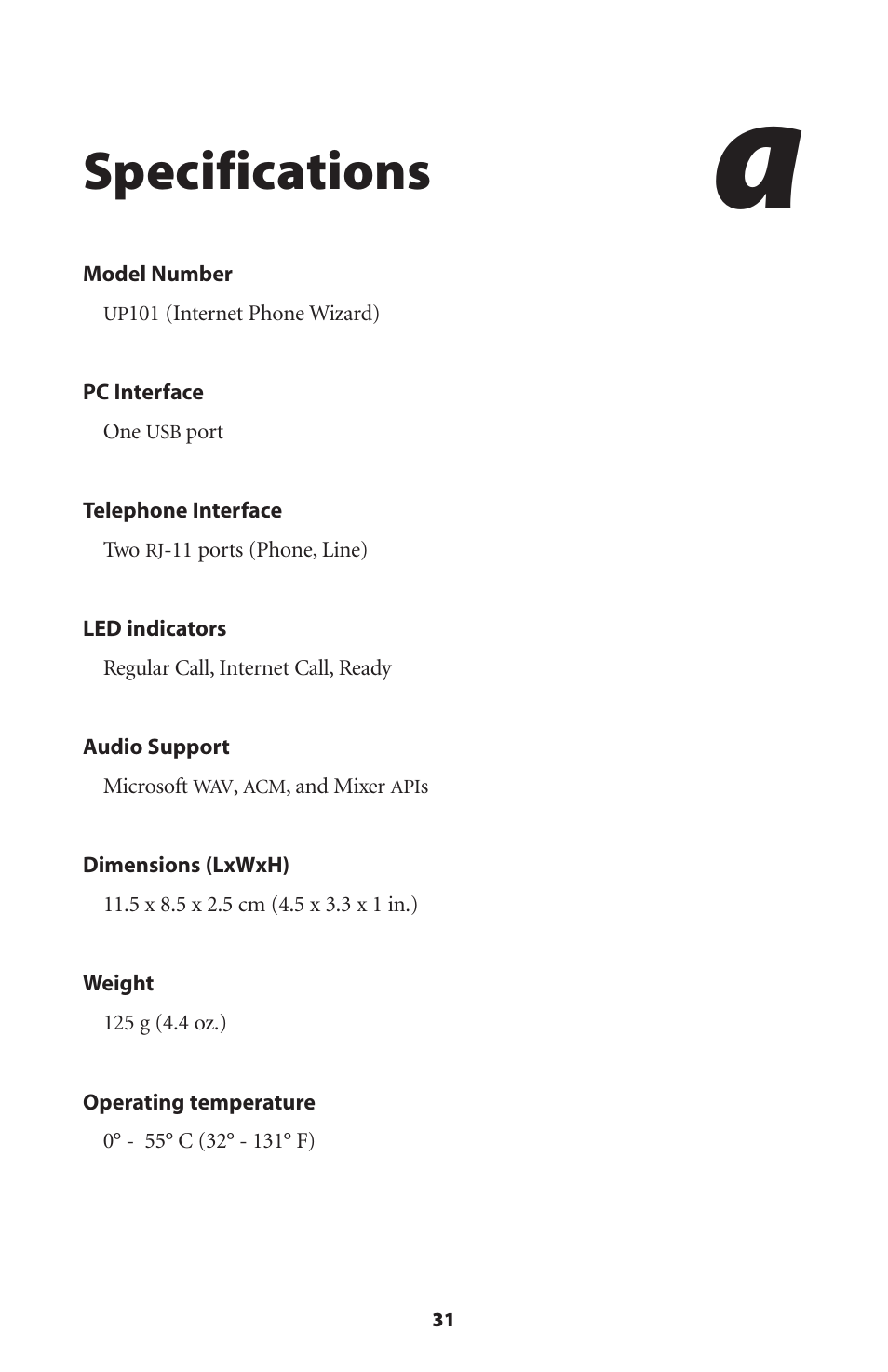 Specifications | Actiontec electronic UP101 User Manual | Page 34 / 41