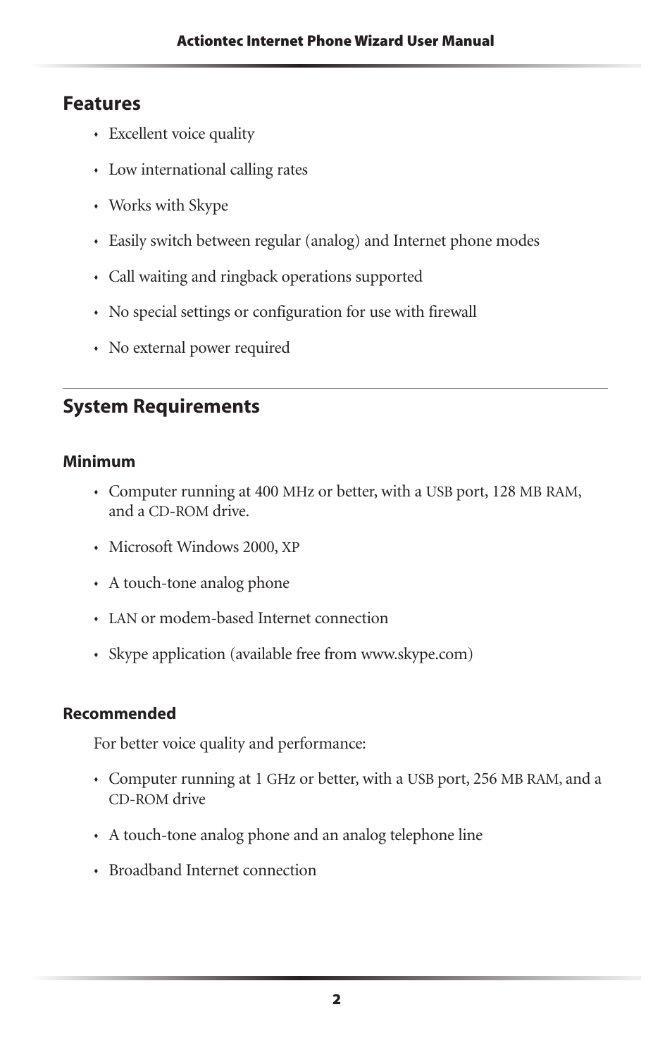 Features, System requirements, 2 system requirements | Actiontec electronic UP101 User Manual | Page 5 / 41