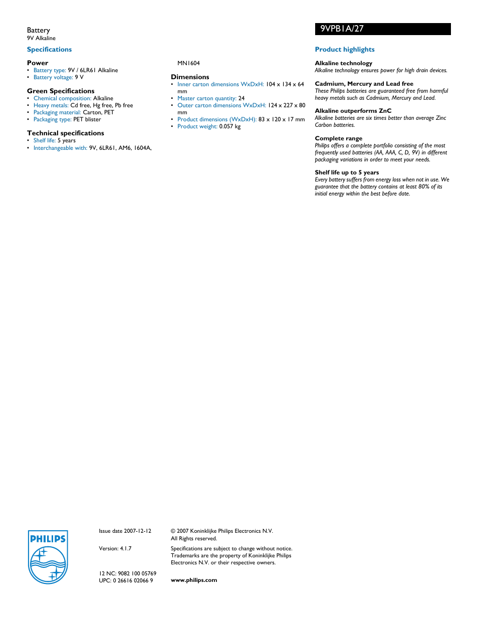 9vpb1a/27 | Philips 9VPB1A-27 User Manual | Page 2 / 2