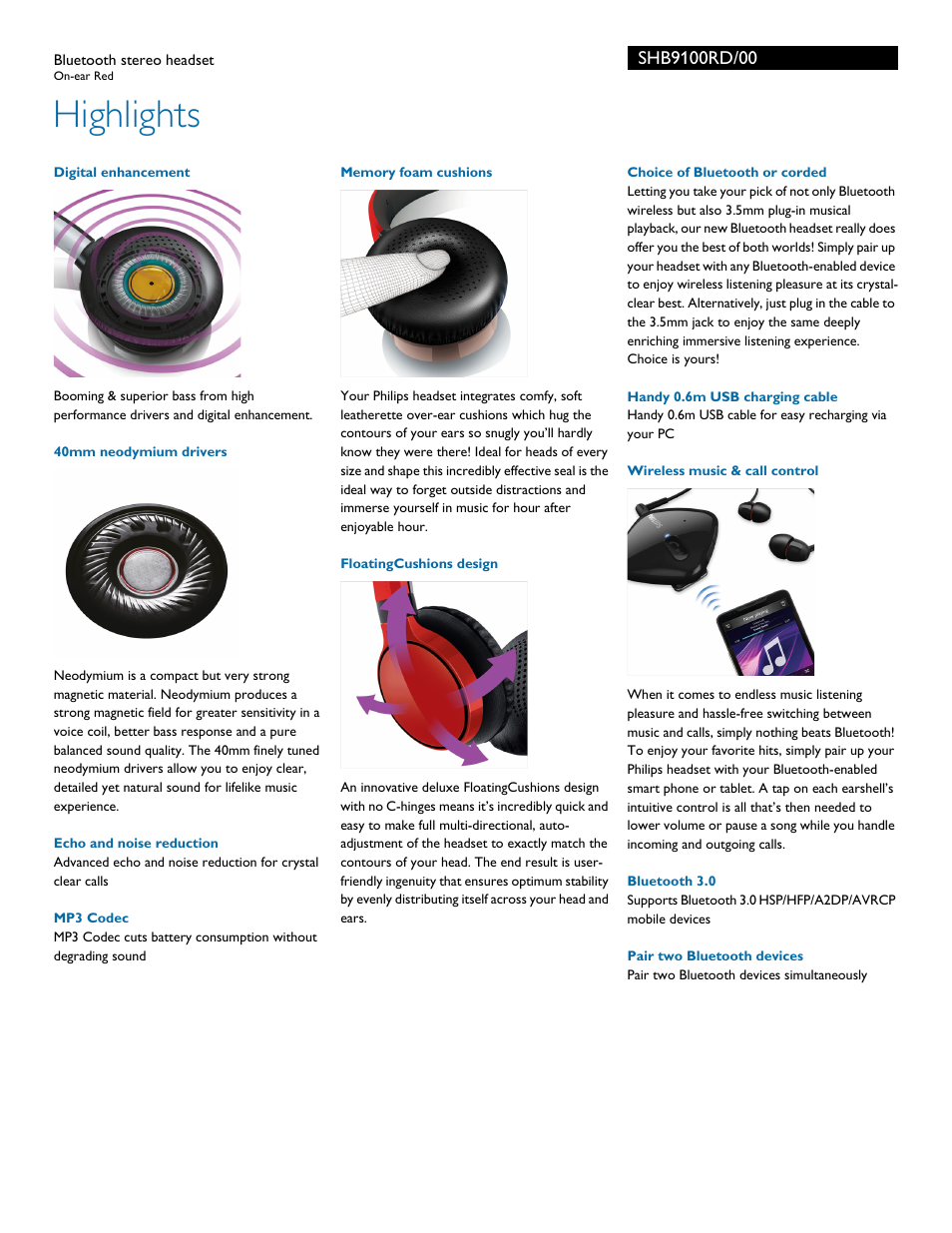 Highlights | Philips SHB9100RD-00 User Manual | Page 2 / 3