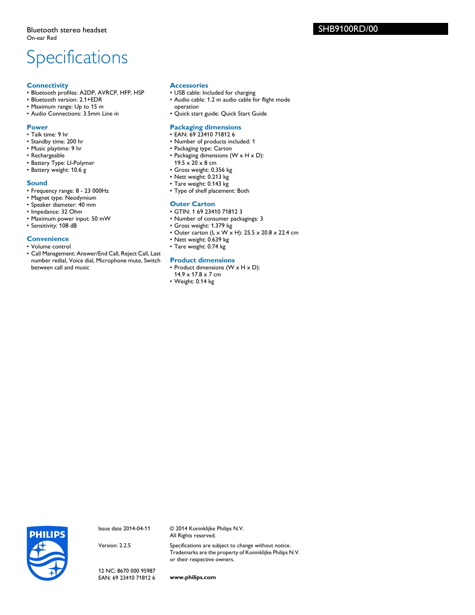 Specifications | Philips SHB9100RD-00 User Manual | Page 3 / 3