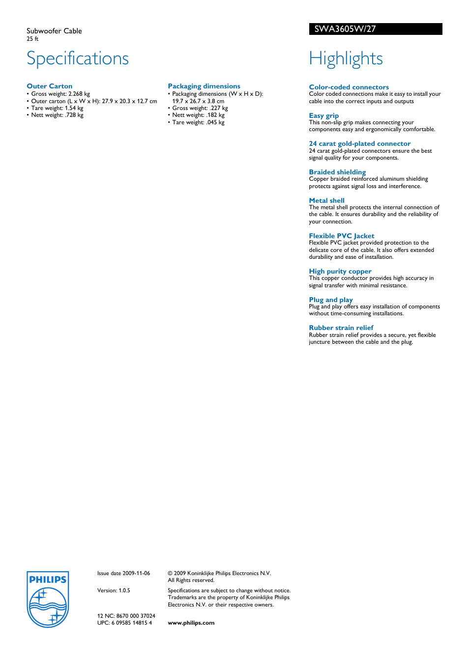 Specifications, Highlights | Philips SWA3605W-27 User Manual | Page 2 / 2