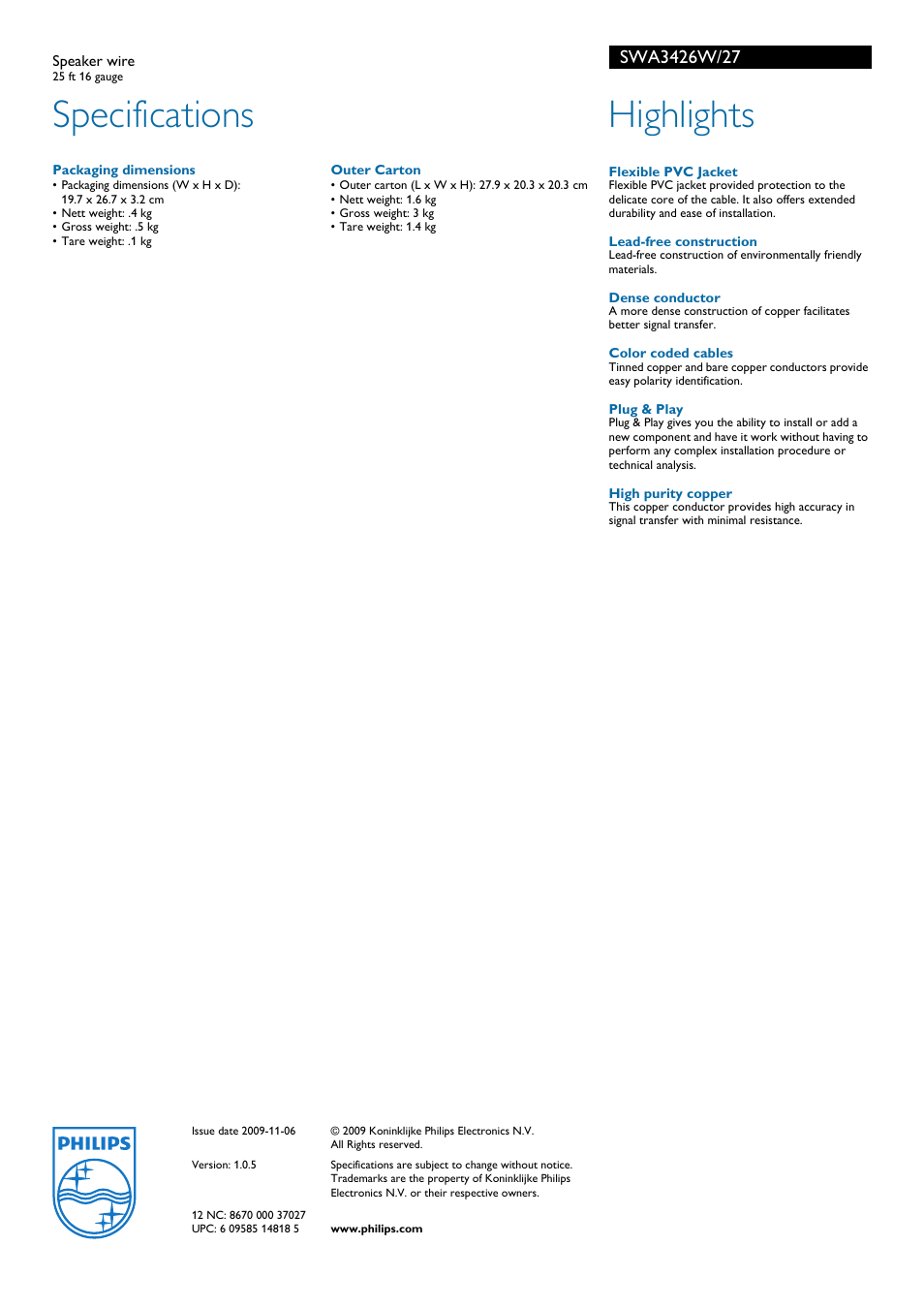 Specifications, Highlights | Philips SWA3426W-27 User Manual | Page 2 / 2