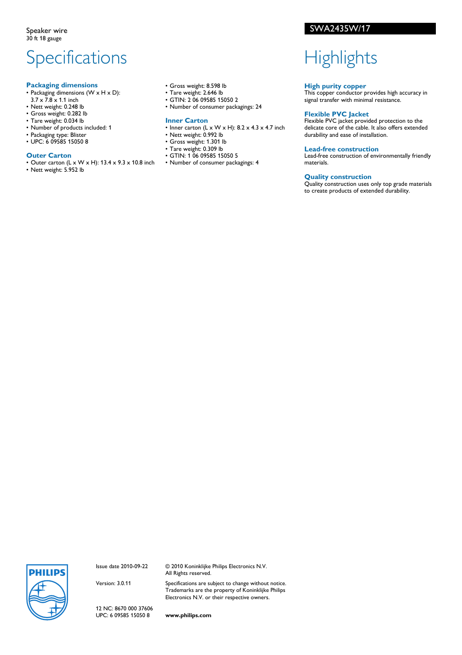 Specifications, Highlights | Philips SWA2435W-17 User Manual | Page 2 / 2