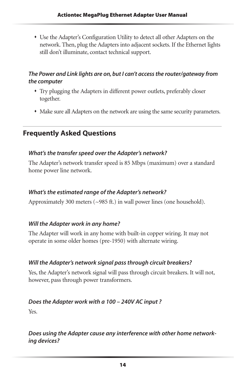 Frequently asked questions | Actiontec electronic HPE100T User Manual | Page 17 / 55