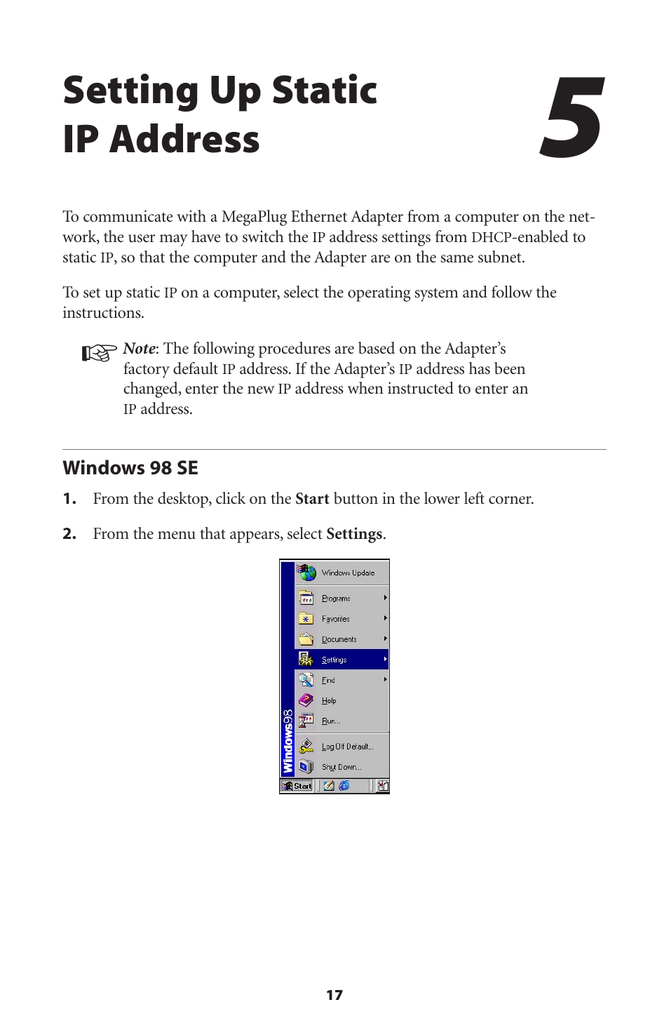 Setting up static ip address, Windows 98 se | Actiontec electronic HPE100T User Manual | Page 20 / 55
