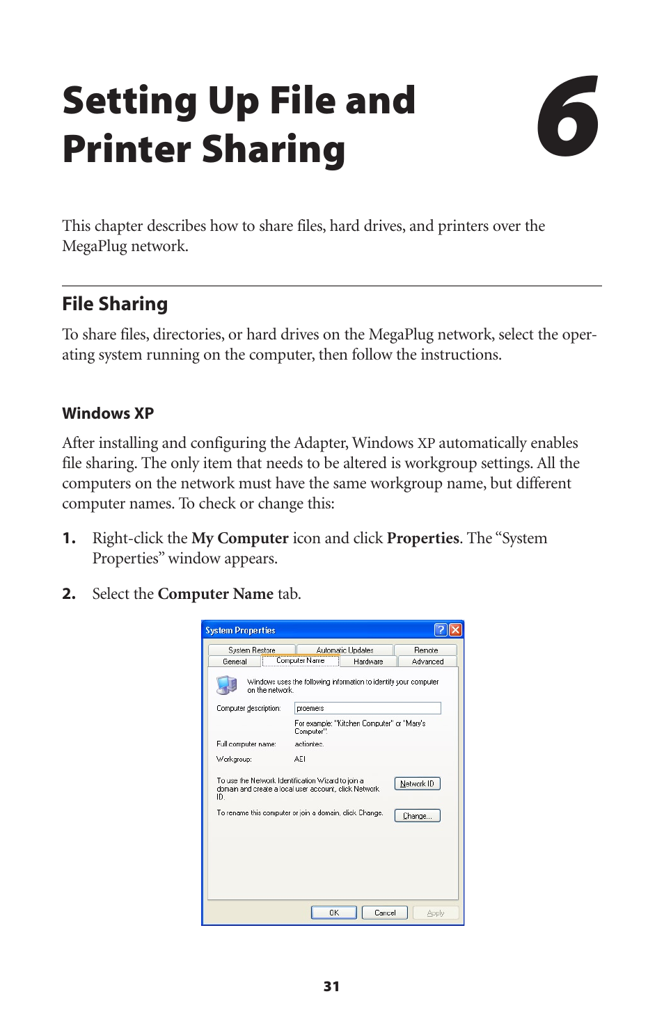 Setting up file and printer sharing, File sharing | Actiontec electronic HPE100T User Manual | Page 34 / 55