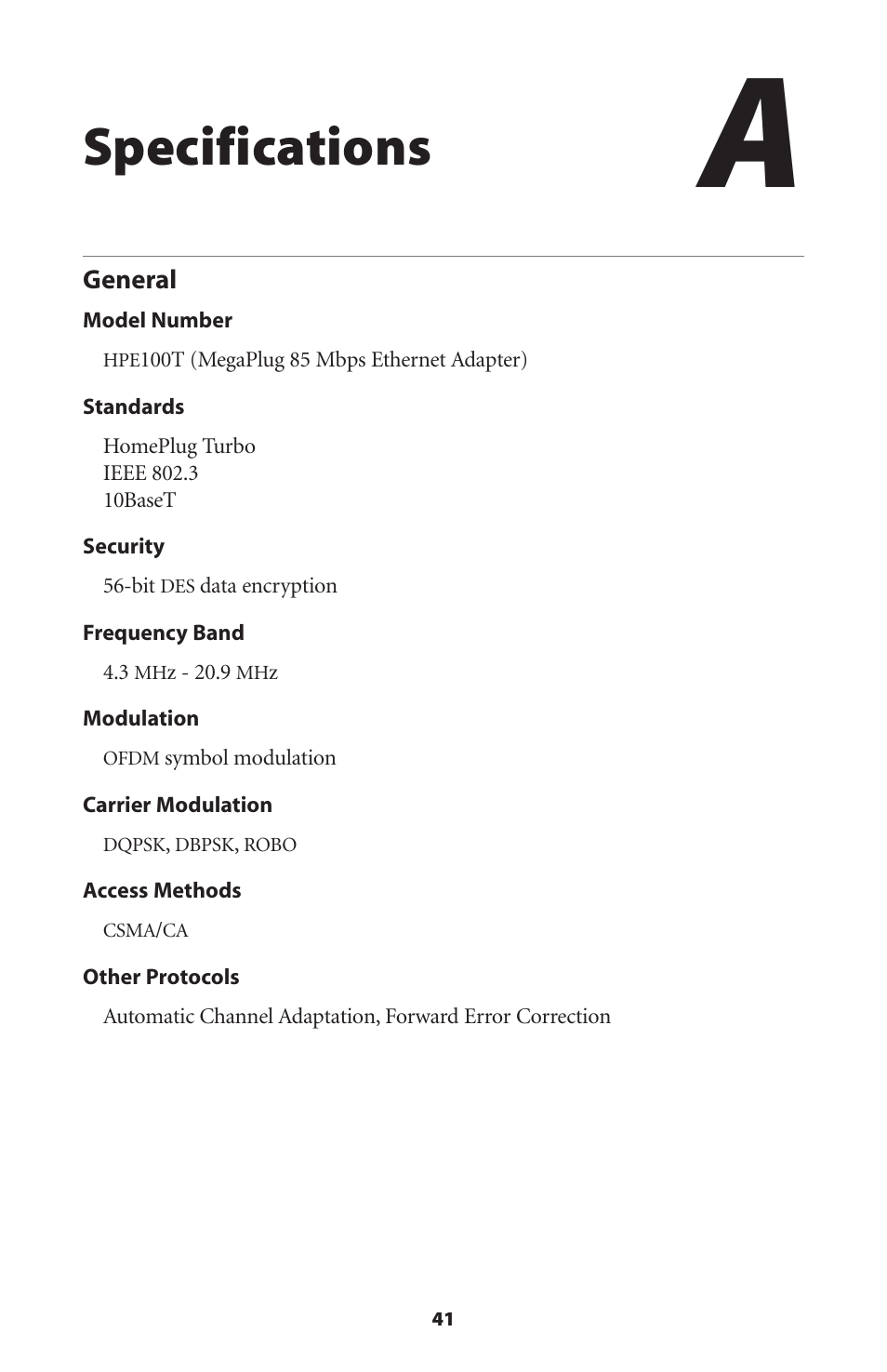 Specifications, General | Actiontec electronic HPE100T User Manual | Page 44 / 55