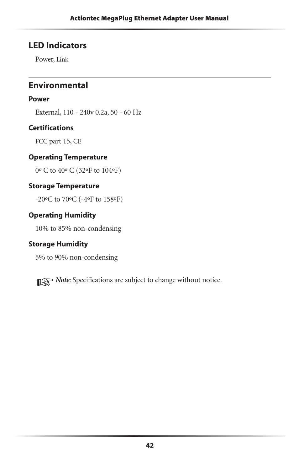 Led indicators, Environmental, 42 environmental | Actiontec electronic HPE100T User Manual | Page 45 / 55