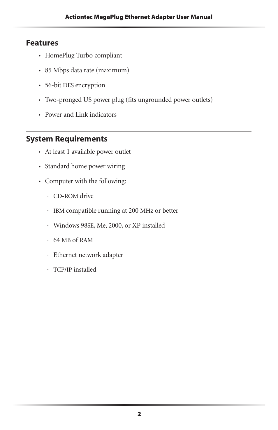 Features, System requirements, 2 system requirements | Actiontec electronic HPE100T User Manual | Page 5 / 55