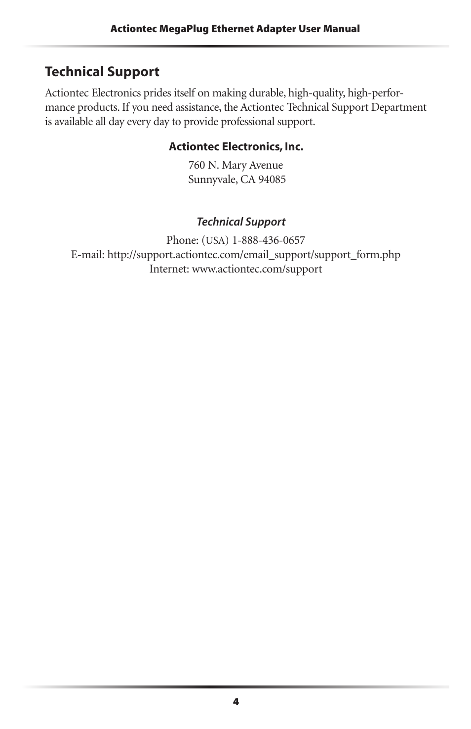 Technical support | Actiontec electronic HPE100T User Manual | Page 7 / 55