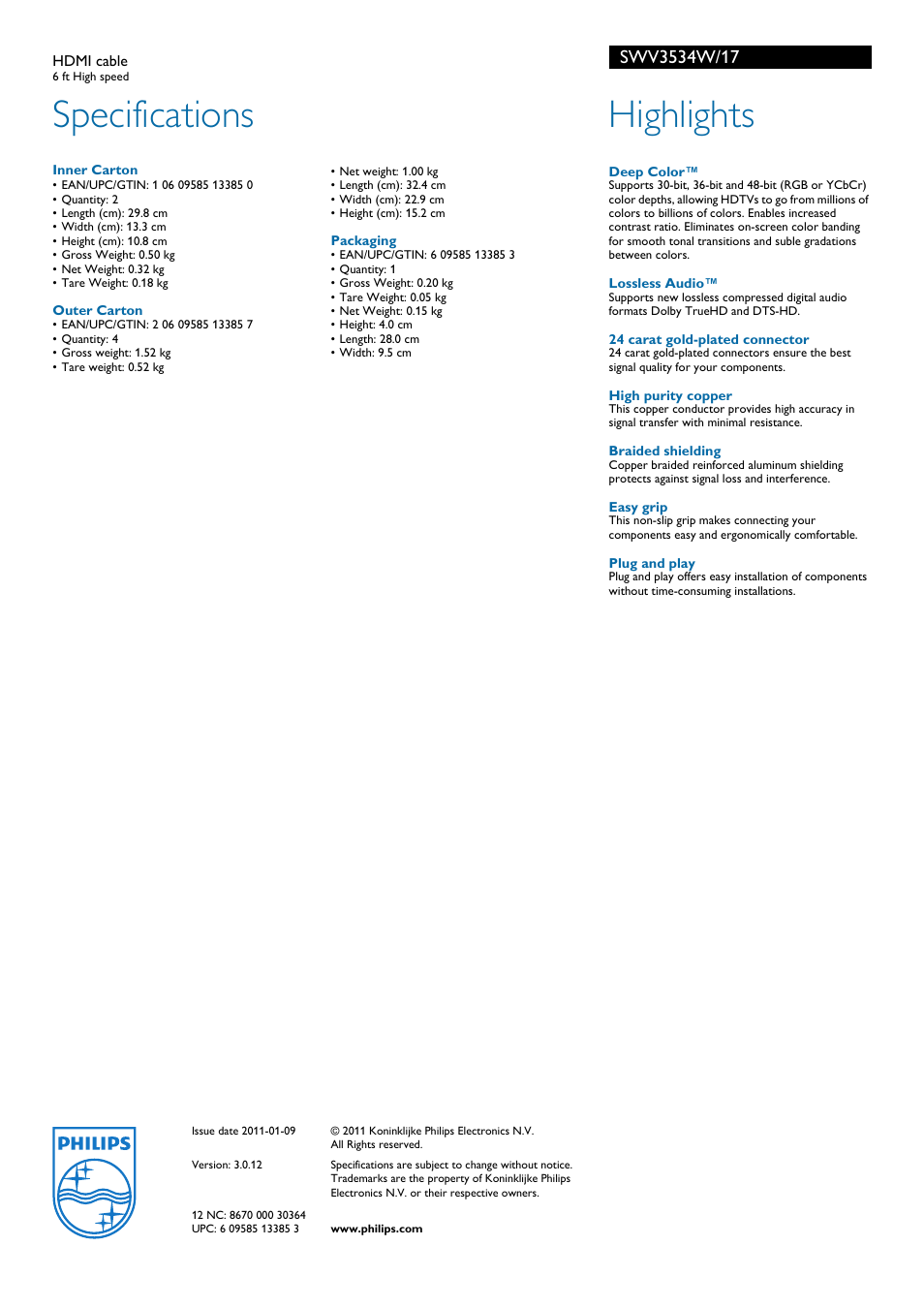 Specifications, Highlights | Philips SWV3534W-17 User Manual | Page 2 / 2