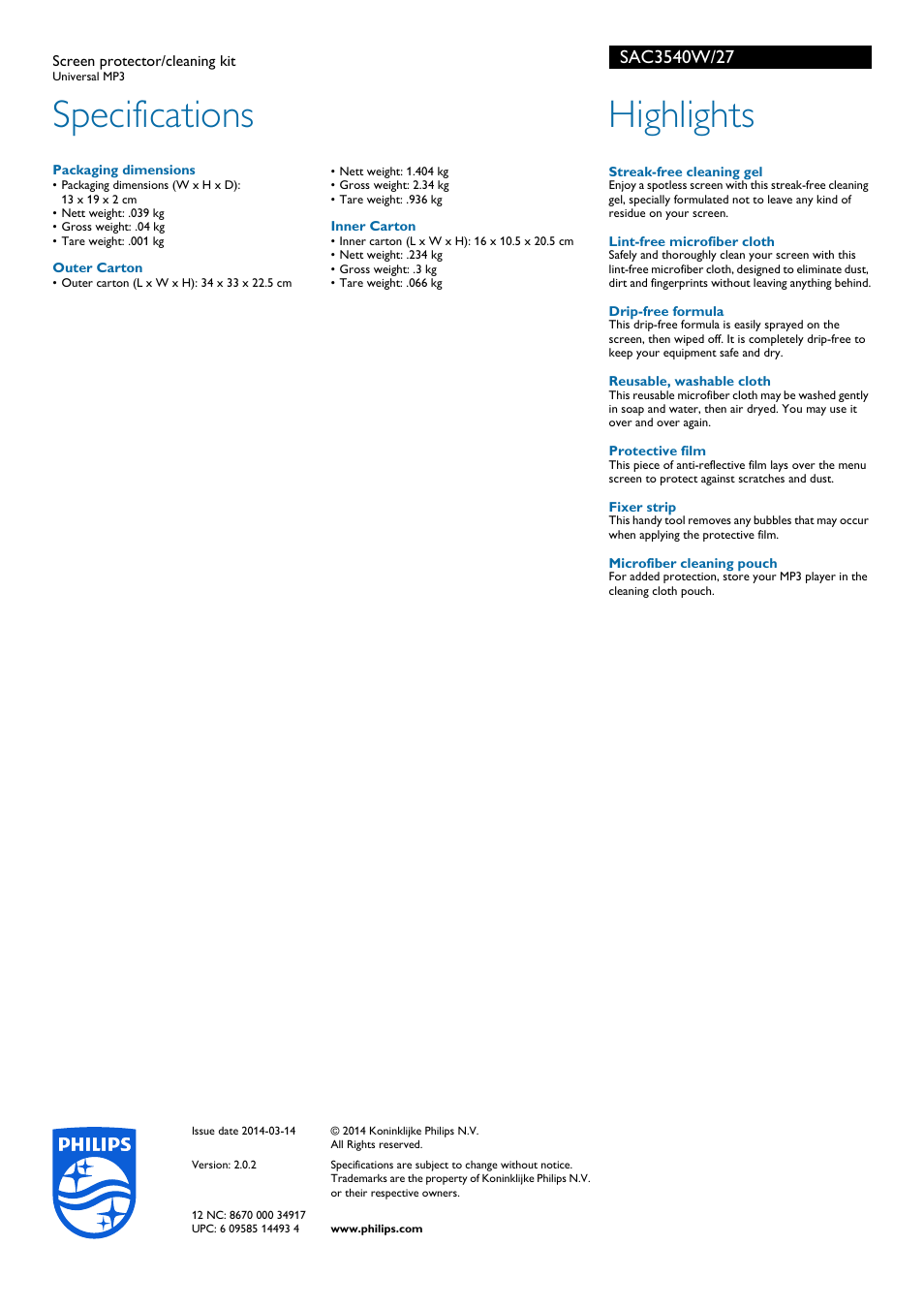 Specifications, Highlights | Philips SAC3540W-27 User Manual | Page 2 / 2