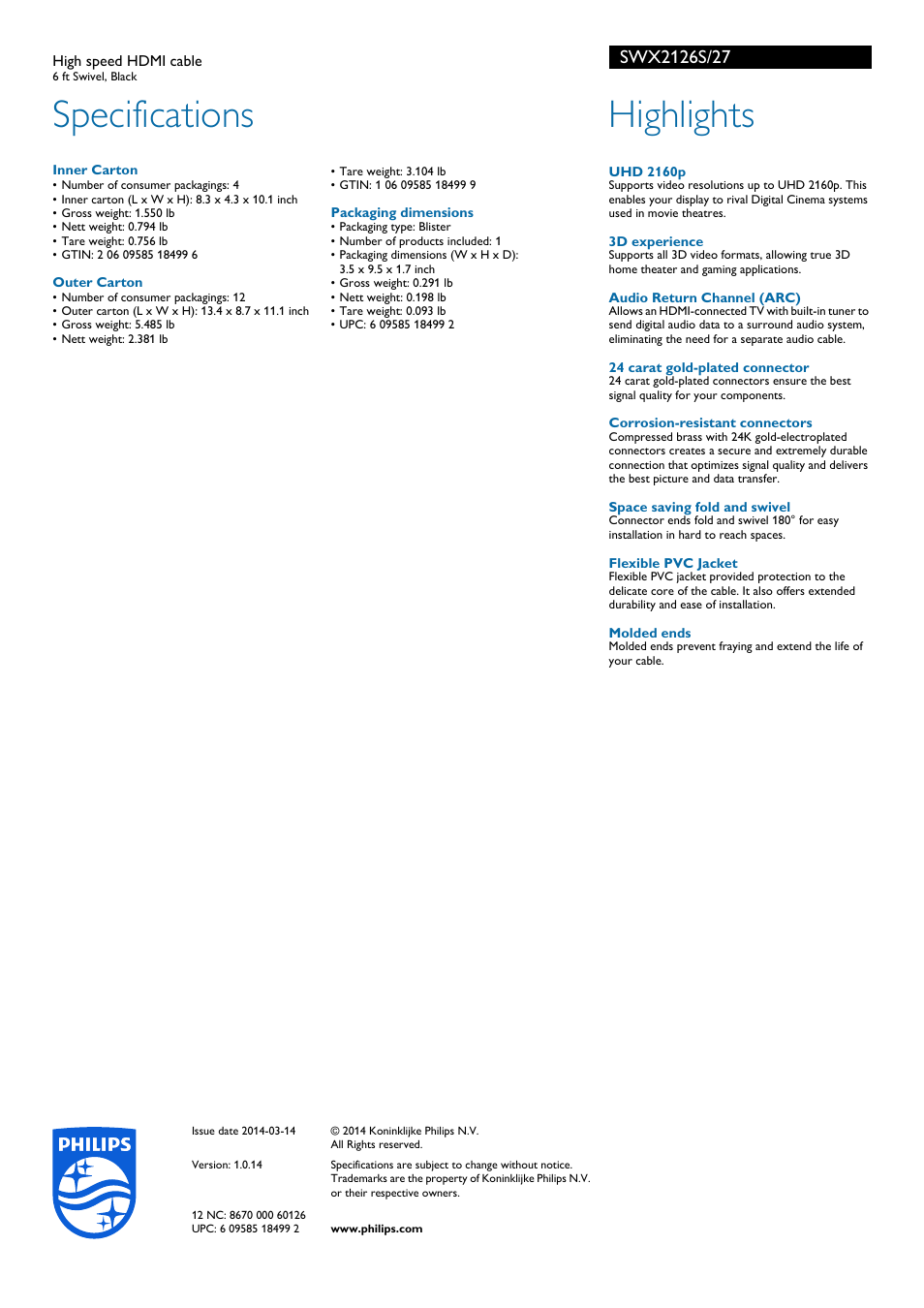 Specifications, Highlights | Philips SWX2126S-27 User Manual | Page 2 / 2